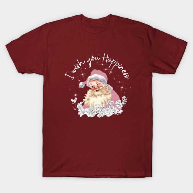 Cute pink Santa with vintage white flowers says I wish you happiness. T-Shirt by Nano-none